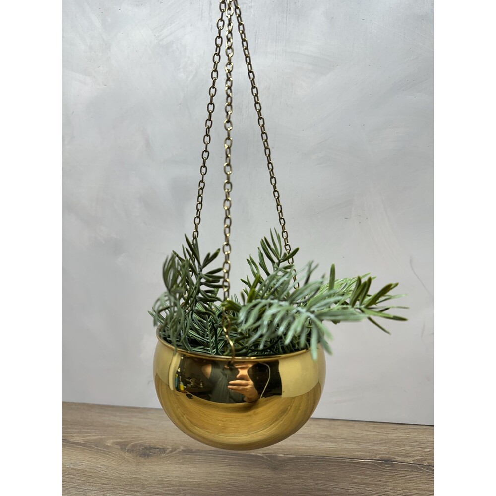 Small Vintage Rounded Lacquered Brass Planter with Chain 4.75x3" Hanging Pot